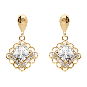 Boucles d'oreille tige pendantes en vermeil carr d'oxyde blanc serti et contour dentel