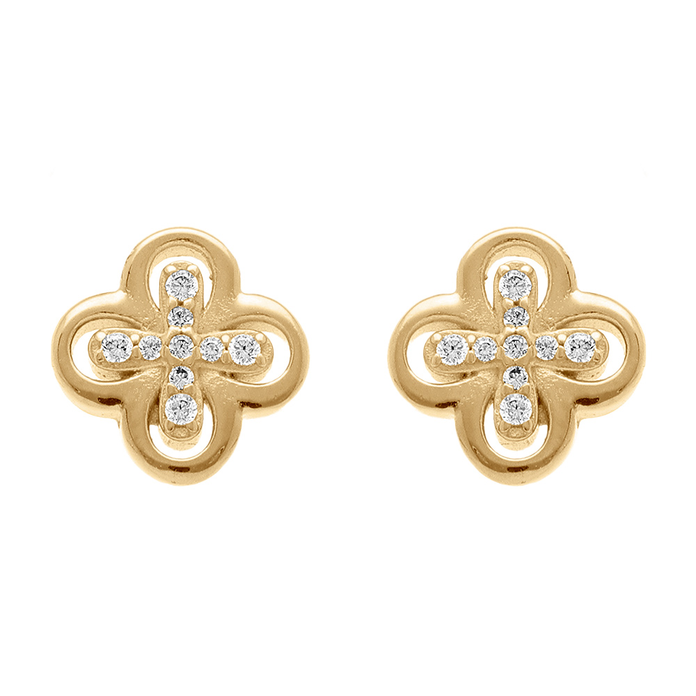 Boucles d\'oreille tige plaqu� or tr�fle et croix d\'oxydes blancs - Vue 1