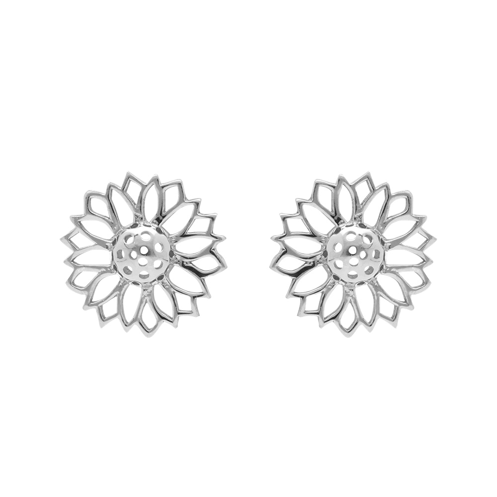 Boucles d\'oreille tige puce en argent rhodi� fleur de tournesol - Vue 1