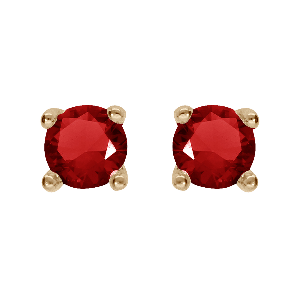 Boucles d\'oreille tige solitaire en plaqu� or, clou 4mm oxyde rouge serti 4 griffes - Vue 1