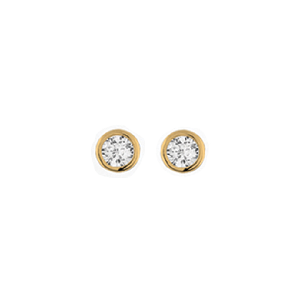 Boucles d\'oreille tige solitaire en plaqu or ronde serti clos oxyde blanc 3mm - Vue 1