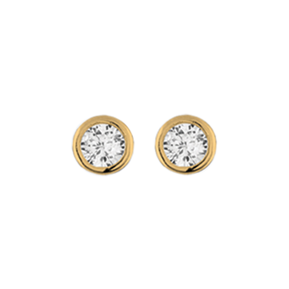 Boucles d\'oreille tige solitaire en plaqu� or ronde serti clos oxyde blanc 5mm - Vue 1