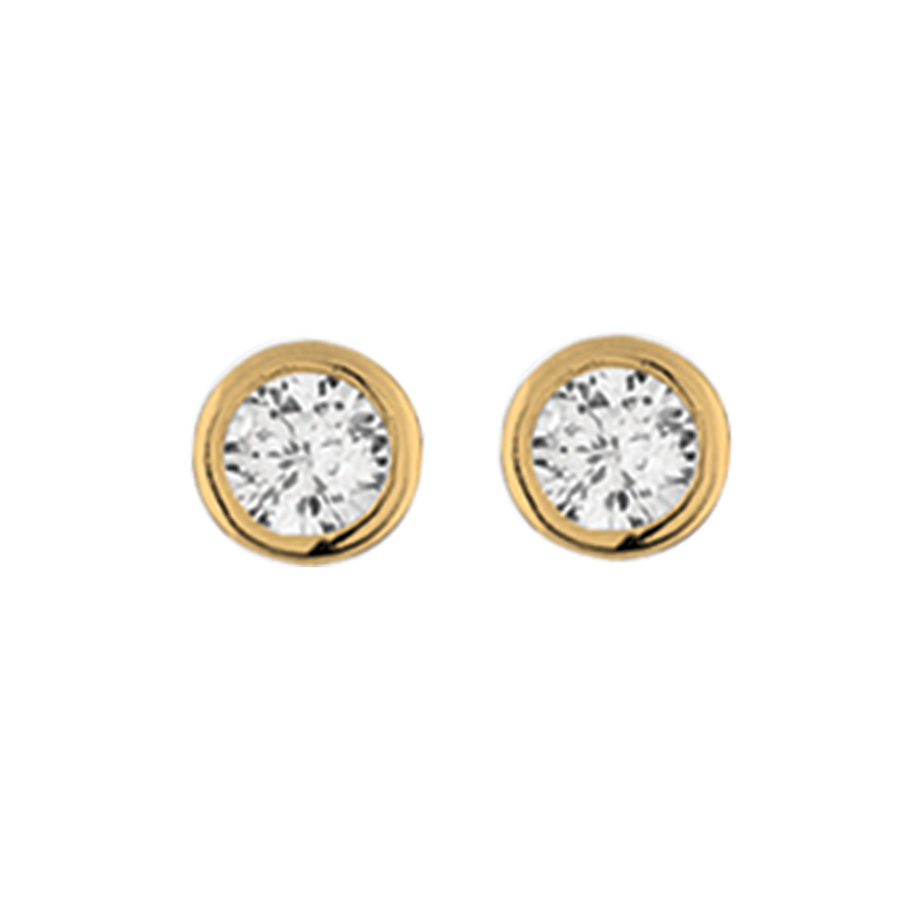 Boucles d\'oreille tige solitaire en plaqu or ronde serti clos oxyde blanc 6mm - Vue 1