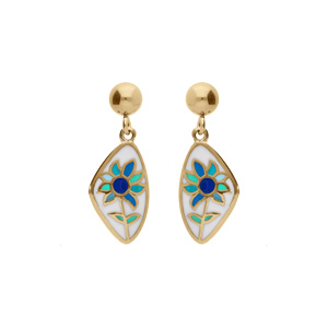 Boucles d\'oreille tige Stella Mia en acier doré jaune résine blanche fleur bleue - Vue 1