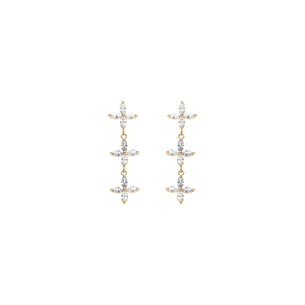 Boucles d\'oreille tige vermeil pendante 3 fleurs oxydes blancs - Vue 1