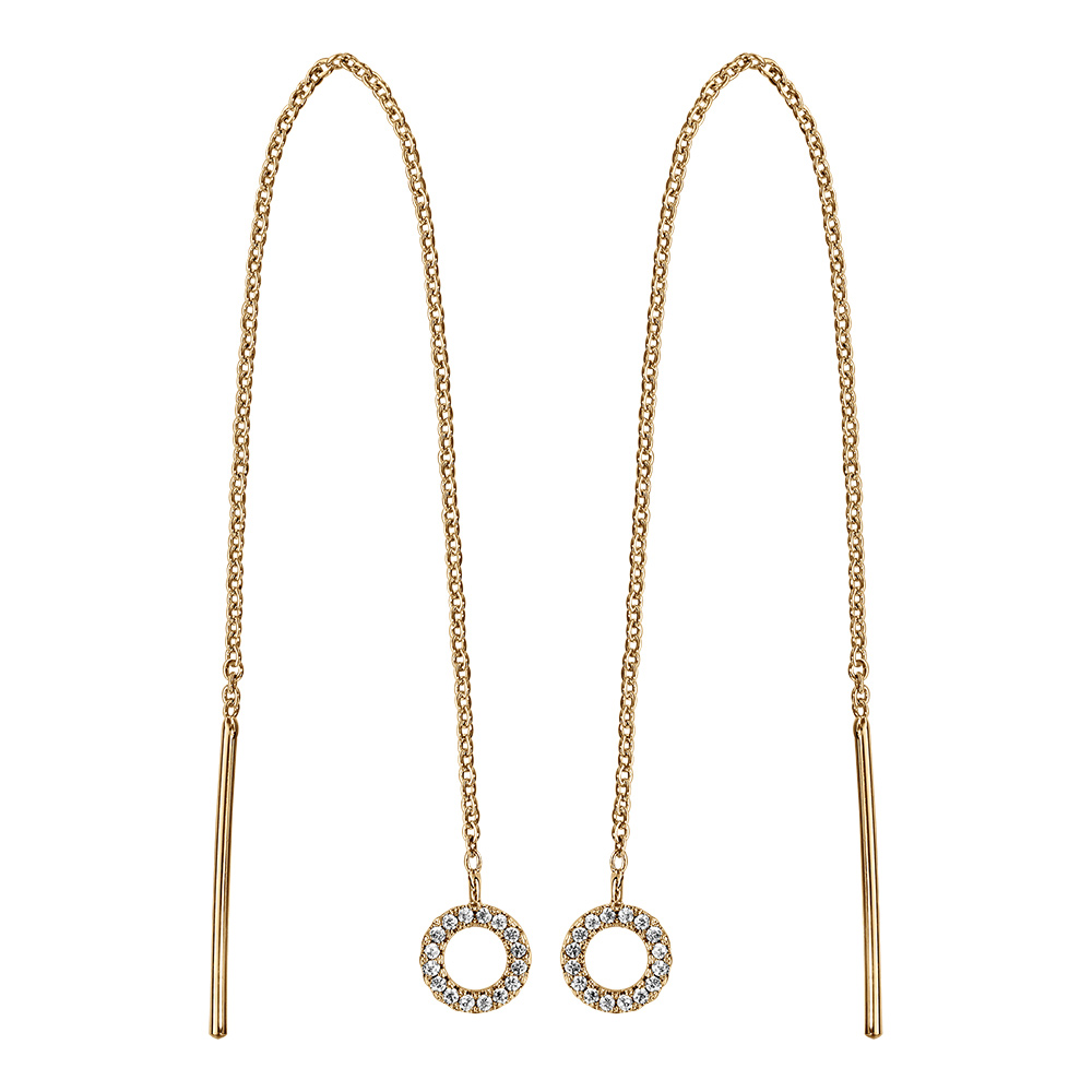 Boucles d\'oreille  traversante en vermeil longue cha�nette avec baguette et cercle d\'oxydes blancs sertis - Vue 1