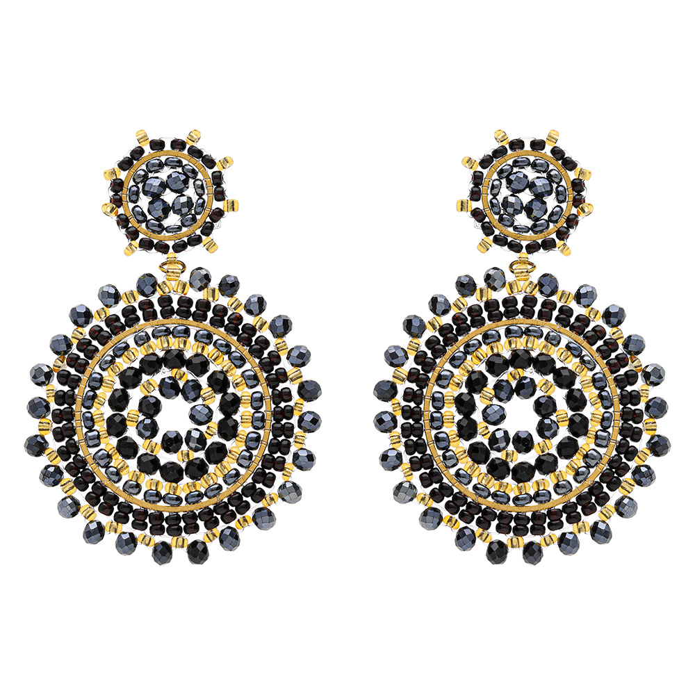 Boucles d\'oreillependantes boh�me en acier dor� deux ronds couleur bleue - Vue 1