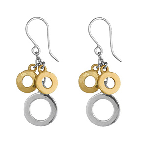 Boucles d\'oreilles bicolores pendantes 3 anneaux, 2 petits jaunes et 1 plus gros et gris à l\'extrémité d\'une chaînette et fermoir crochet - Vue 1