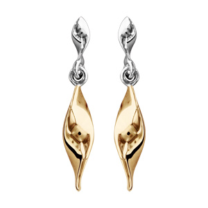 Boucles d\'oreilles bicolores pendantes ruban jaune vrillé suspendu et fermoir tige à poussette - Vue 1