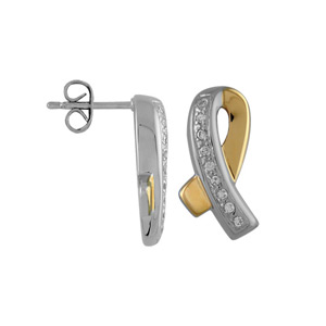 Boucles d\'oreilles bicolores ruban qui fait un tour 1 partie jaune et l\'autre ornée d\'oxydes blancs et fermoir tige à poussette - Vue 1