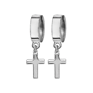 Boucles d\'oreilles créoles en acier avec croix suspendue - Vue 1