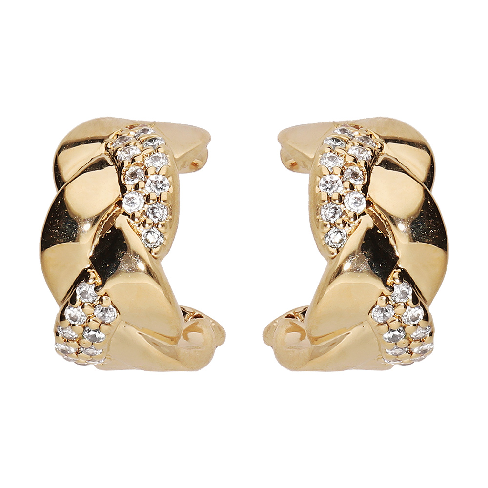 Boucles d\'oreilles demi cr�oles en plaqu� or petit mod�le torsades avec oxydes blancs et fermoir poussette - Vue 1