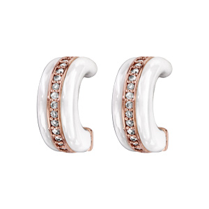 Boucles d\'oreilles demi-créole en plaqué or rose demi- anneau en céramique blanche et rail d\'oxydes blancs micro sertis et fermoir clou avec poussette - Vue 1