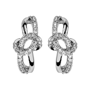 Boucles d\'oreilles demi-créoles en argent rhodié 1 brin lisse et 1 rail d\'oxydes croisés avec noeud en oxydes blancs au milieu et fermoir clou avec poussette - Vue 1