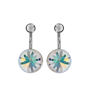 Boucles d\'oreilles duo suspendu en argent rhodié avec petite boule lisse en haut et boule colorée bleu et blanc en bas - Vue 1
