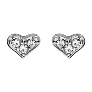 Boucles d\'oreilles en acier coeur orn de 3 oxydes blancs sertis et fermoir poussette - Vue 1