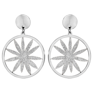 Boucles d\'oreilles en acier effet givré anneau suspendu avec rosace et fermoir poussette - Vue 1