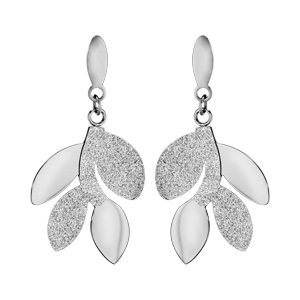 Boucles d\'oreilles en acier effet givré feuillage suspendu et fermoir poussette - Vue 1