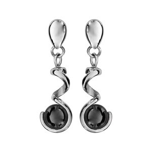 Boucles d\'oreilles en acier et céramique spirale suspendue avec boule noire et fermoir poussette - Vue 1