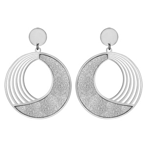 Boucles d\'oreilles en acier et glitter disque suspendu avec 1 moiti granite et l\'autre avec rainures ajoures et fermoir poussette - Vue 1