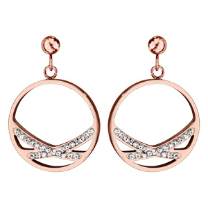 Boucles d\'oreilles en acier et oxydes et PVD rose anneau avec 2 bandes en rsine et strass blancs - fermoir poussette - Vue 1