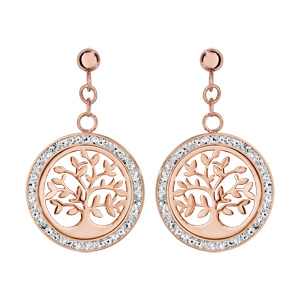 Boucles d\'oreilles en acier et oxydes et PVD rose rond suspendu avec arbre de vie ajour et fermoir poussette - Vue 1