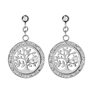 Boucles d\'oreilles en acier et oxydes rond suspendu avec arbre de vie ajour et fermoir poussette - Vue 1