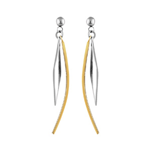 Boucles d\'oreilles en acier et PVD jaune forme gomtrique baguette courbe et losange allong suspendus et fermoir poussette - Vue 1