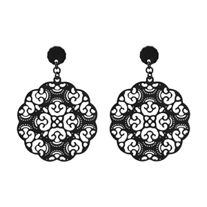 Boucles d\'oreilles en acier et PVD noir motifs arabesques finement dentelées suspendu et fermoir poussette - Vue 1