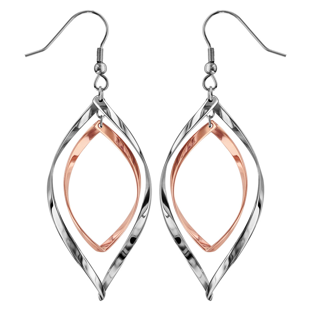 Boucles d\'oreilles en acier et PVD rose double goutte �vid�e suspendue et fermoir crochet - Vue 1