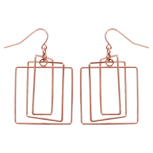 Boucles d\'oreilles en acier et PVD rose forme géométrique carré et rectangle et fermoir poussette - Vue 1