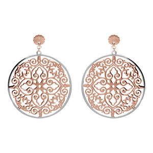 Boucles d\'oreilles en acier et PVD rose motifs arabesques finement dentelées suspendues et fermoir poussette - Vue 1