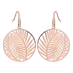 Boucles d\'oreilles en acier et PVD rose nature rond suspendu feuillage ajouré et fermoir crochet - Vue 1