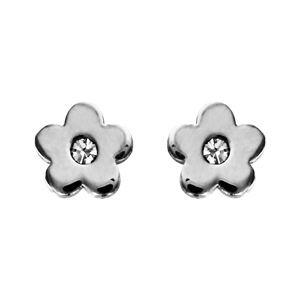Boucles d\'oreilles en acier fleur lisse avec oxyde blanc au cente et fermoir clou avec poussette - Vue 1