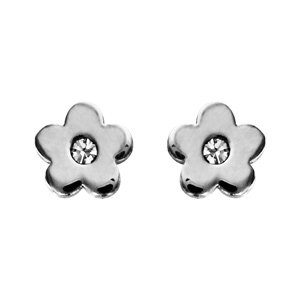 Boucles d\'oreilles en acier fleur lisse avec oxyde blanc au cente et fermoir poussette - Vue 1