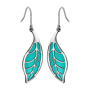 Boucles d\'oreilles en acier forme de feuille motif feuillage turquoise et fermoir crochet - Vue 1