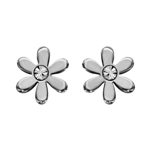 Boucles d\'oreilles en acier marguerite lisse avec oxyde blanc au milieu et fermoir clou avec poussette - Vue 1