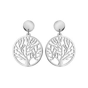 Boucles d\'oreilles en acier nature rond suspendu avec arbre de vie et fermoir poussette - Vue 1