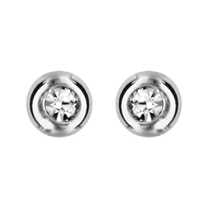 Boucles d\'oreilles en acier oxyde rond blanc serti clos avec bord pais et fermoir poussette - Vue 1