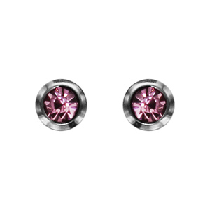 Boucles d\'oreilles en acier oxyde rond rose serti clos et fermoir poussette - Vue 1