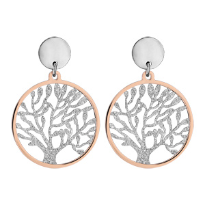 Boucles d\'oreilles en acier, PVD rose etffet givr anneau suspendu avec arbre de vie  l\'intrieur et fermoir poussette - Vue 1