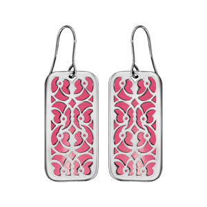 Boucles d\'oreilles en acier rectangulaire motifs volutes fond rose et fermoir crochet - Vue 1