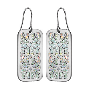 Boucles d\'oreilles en acier rectangulaire motifs volutes glitter blanc et fermoir crochet - Vue 1