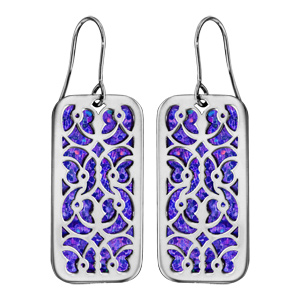 Boucles d\'oreilles en acier rectangulaire motifs volutes glitter violet et fermoir crochet - Vue 1