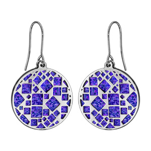 Boucles d\'oreilles en acier rondes motifs carrés glitter bleu fermoir crochet - Vue 1