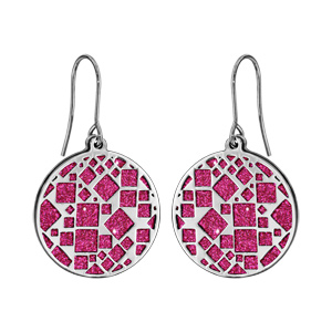 Boucles d\'oreilles en acier rondes motifs carrés glitter fuschia et fermoir crochet - Vue 1