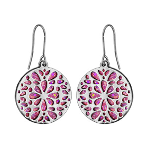 Boucles d\'oreilles en acier rondes motifs fleurs fond glitter rose et fermoir crochet - Vue 1