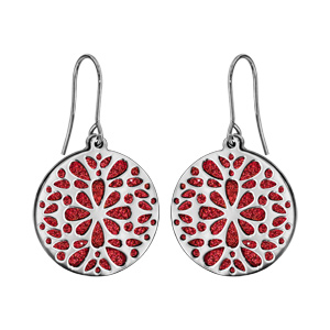 Boucles d\'oreilles en acier rondes motifs fleurs fond glitter rouge et fermoir crochet - Vue 1