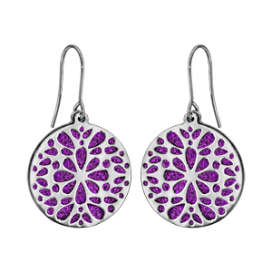 Boucles d\'oreilles en acier rondes motifs fleurs fond glitter violet et fermoir crochet - Vue 1