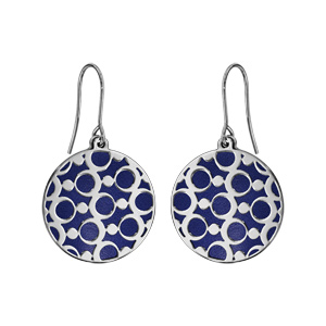 Boucles d\'oreilles en acier rondes motifs ronds fond bleu marine et fermoir crochet - Vue 1